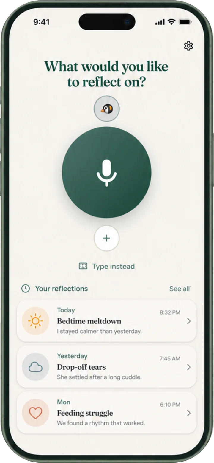 Reflory home screen: “What would you like to reflect on?” with a one-tap record button and recent reflections