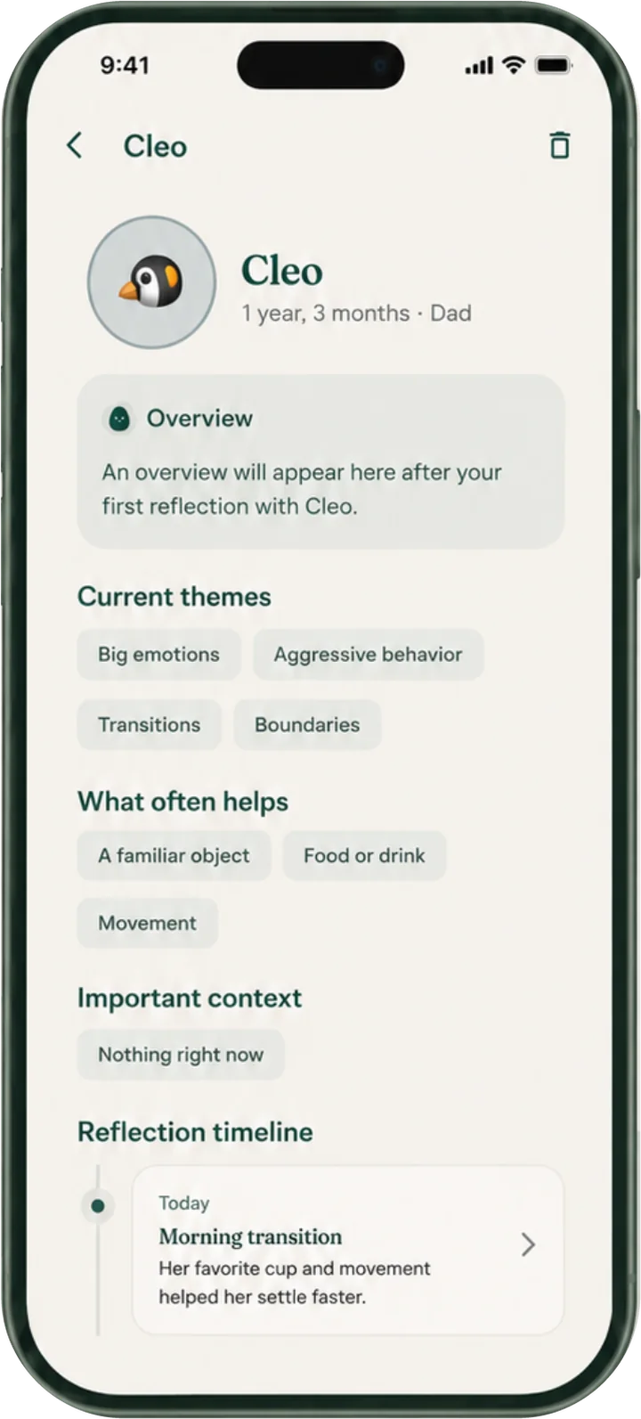 A child profile in Reflory showing current themes, what often helps, and a reflection timeline