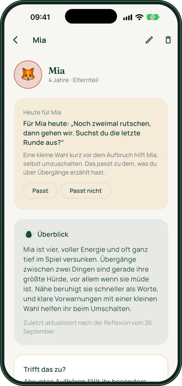 Karte Heute für Mia mit dem Satz Noch zweimal rutschen, dann gehen wir, suchst du die letzte Runde aus, darunter die Knöpfe Passt und Passt nicht