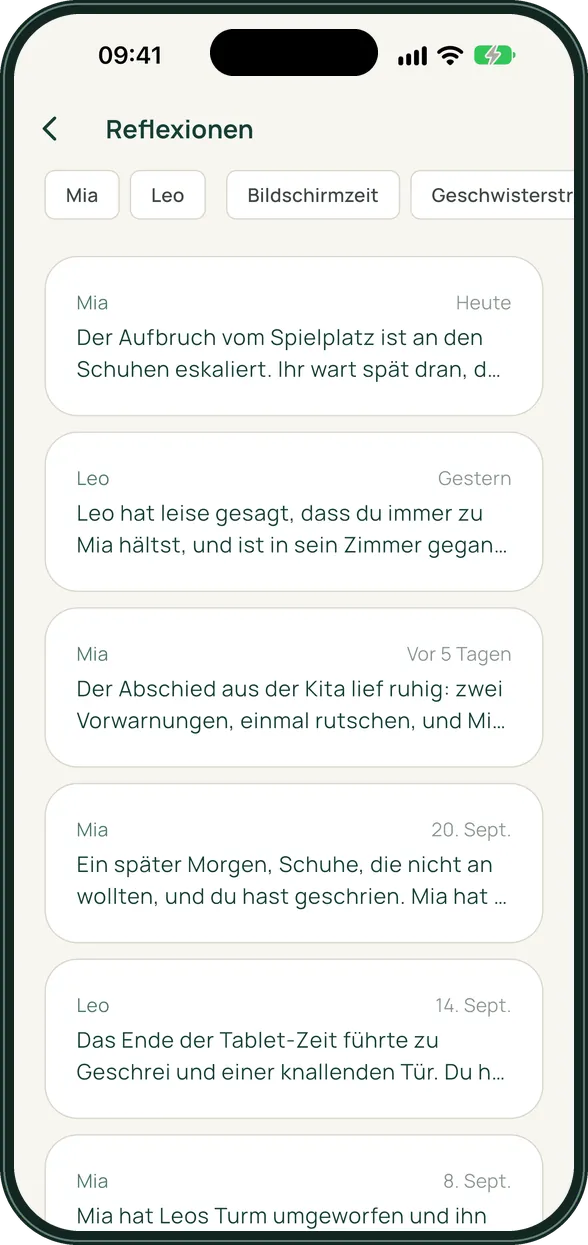 Liste aller Reflexionen in Reflory mit Filtern für Mia, Leo und Themen wie Bildschirmzeit und Geschwisterstreit