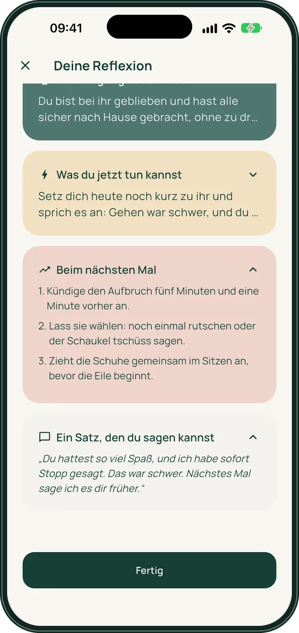 Reflexion in Reflory mit den Karten Was du jetzt tun kannst, Beim nächsten Mal mit drei Ideen und Ein Satz, den du sagen kannst