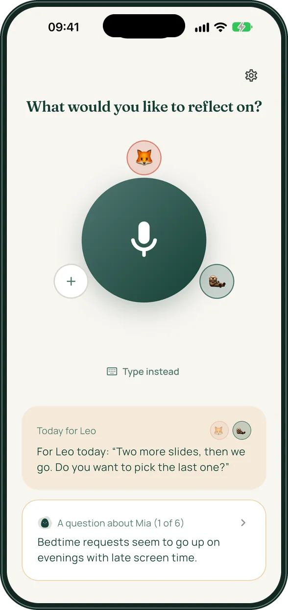 Reflory home screen asking what you would like to reflect on, with a large record button and a daily thought for Leo