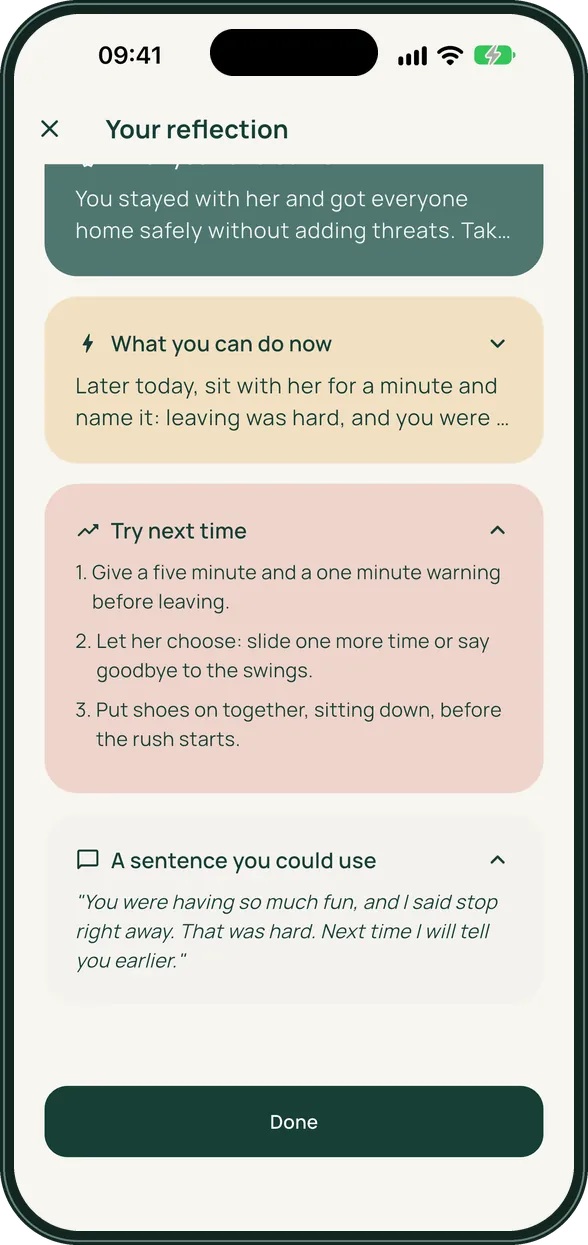 Reflory reflection screen with the cards What you can do now, Try next time with three numbered ideas, and A sentence you could use