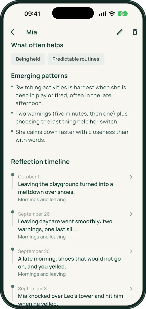 Child profile for Mia with What often helps (being held, predictable routines) and emerging patterns about switching activities