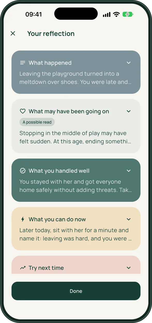 Reflory reflection about leaving the playground, with cards for what happened, what may have been going on and what you handled well